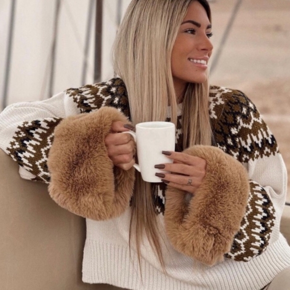 Zara Sweaters - Zara Fair Isle Sweater with Faux Fur Cuffs, Size M